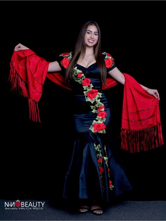 Ofelia dress designer Dresses & Skirts - Black Satin Mermaid Dress with Red Rose Embroidery and Red Shawl